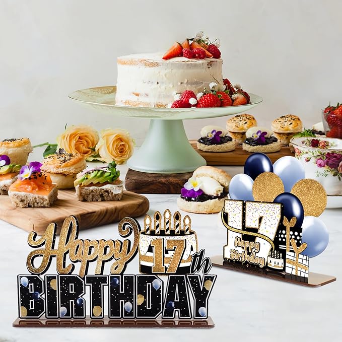 LINGTEER Happy 17th Birthday Gold Acrylic Table Topper Centerpieces Set - Cheers to Seventeen Years Old Birthday 17th Bday Party Gift Decorations.