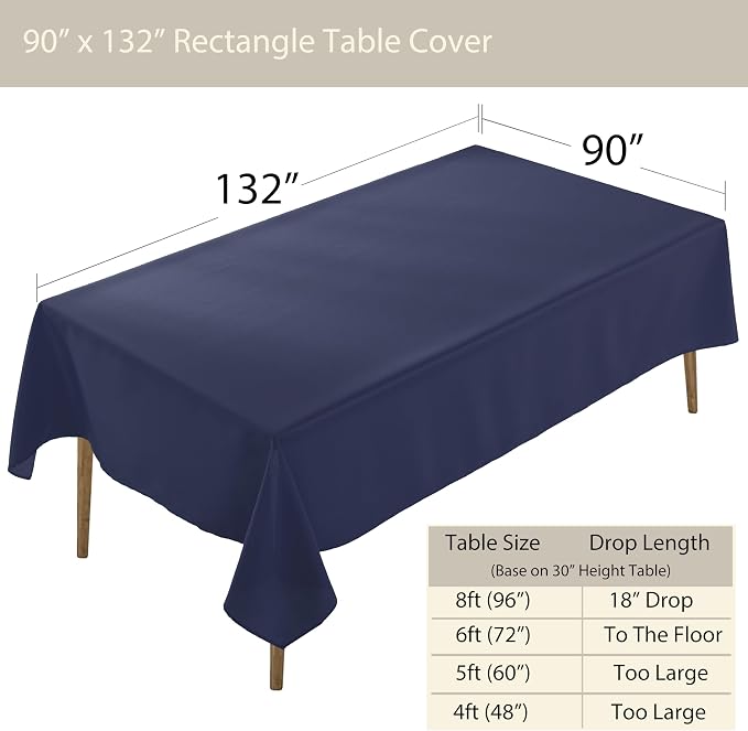 5 Pack Rectangle Tablecloth, 90 x 132 Inch Navy Blue Washable Tablecloth for Home, Party, Wedding or Restaurant Use