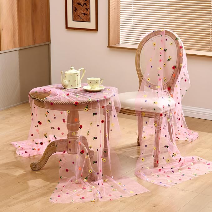 QueenDream 3 Pcs Pink Flower Table Runners 10FT Gauze Sheer Tulle Floral Table Linens for Spring Summer Home Tea Party Decorations