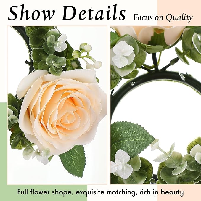 Yunlly 12 Pcs Rose Candle Rings with Flameless Candles Sets, Artificial Flower Eucalyptus Wedding Centerpiece 3 Inch Pillar Candleholders Wreaths for Wedding Party Mother's Day (Champagne)
