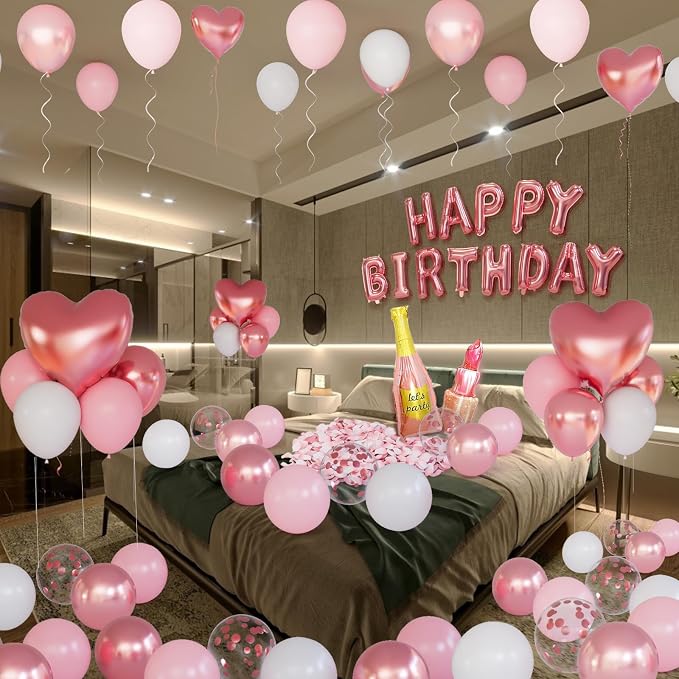 Rose Gold Happy Birthday Decorations for Women Pink and Rose Gold Biirthday Balloons Letters Banner with Heart-Shaped Champagne Bottle Lipstick Balloons Rose Petals for Room Birthday Party Decor