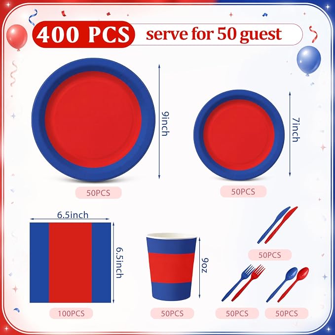 400 Pcs Red and Blue Party Decoration for 50, Blue Red Paper Plates Napkins Cups Tablecloth Cutlery Disposable Tableware Set for Spider Birthday 4th of July Party Supplies