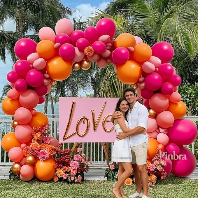Pink Orange Balloon Garland Double Stuffed Hot Pink Orange Gold Metallic Pastel Balloon Arch Kit for Birthday Baby Bridal Shower Wedding Mother's Day Tropical Party Decorations