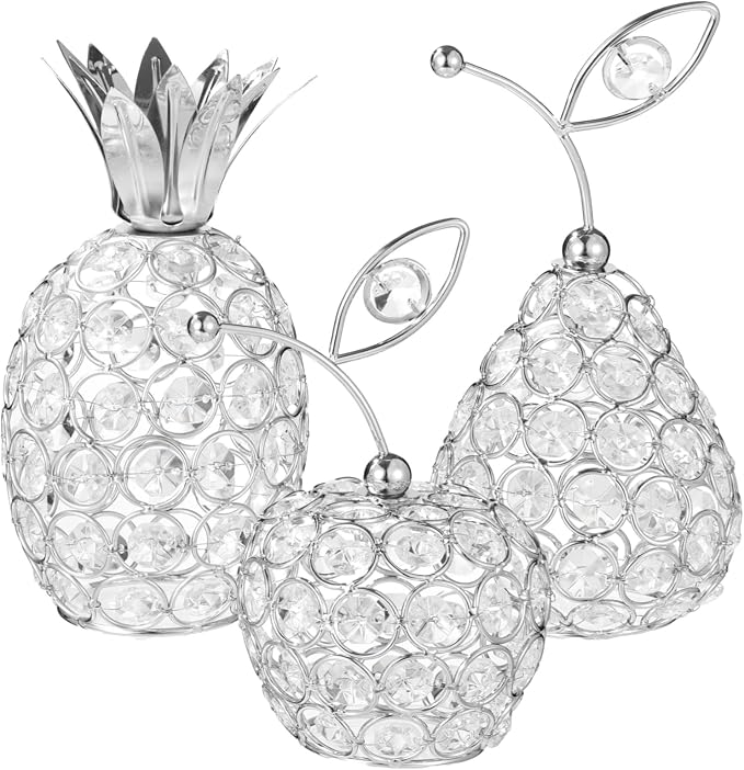 3 Pcs Silver Crystal Tea Light Holder, Crystal Hollow Candlestick, Metal Pineapple Pear Apple Set, Table Centerpiece, Ideal for Wedding, Party, Anniversary and Home Decor