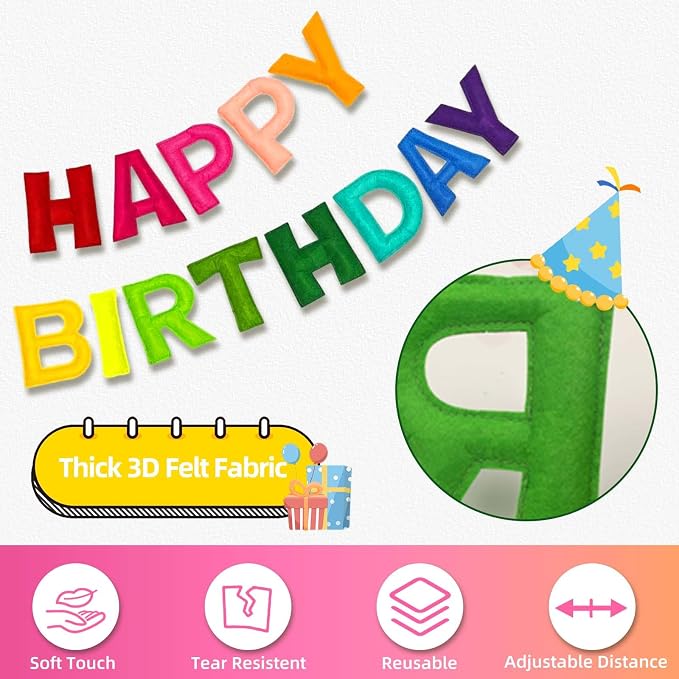Pre-Strung 3D Happy Birthday Banner-Felt Happy Birthday Decorations Ball Garland Pennant Flag Reusable Rainbow Birthday Decorations Multicolor Rainbow Bunting String Triangle Flags Birthday Party Decor