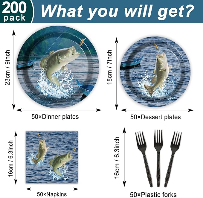 ZOIIWA 200 PCS Gone Fishing Tableware Disposable Paper Plates Napkins Fishing Tournament Birthday Party Supplies Dinnerware Set Napkins Party Decoration Serve 50 guest