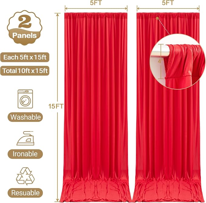 10ft x 15ft Red Backdrop Curtain Panels for Weddings - Wrinkle-Free Polyester Photo Drapes for Birthday Party, Photography Background, Stage Decor