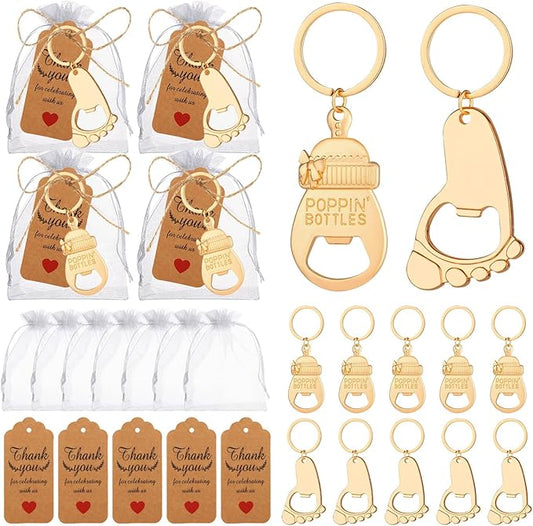 50 Pcs Baby Footprint Keycahin Bottle Opener Baby Bottle Opener Poppin Bottles Baby Shower Souvenirs With Cards Baby Carriage Shaped For Girl Baby Party Favors For Guest (50)