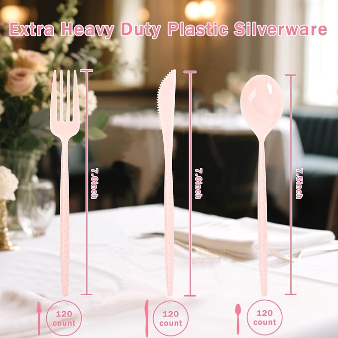 Supernal 360pc Heavy Duty Pink Plastic Silverware Set for Wedding Party | - Durable Hammered Cutlery Flatware Utensils (120 Forks, 120 Knives, 120 Spoons) Bulk Pack for Bridal Shower Birthday Party