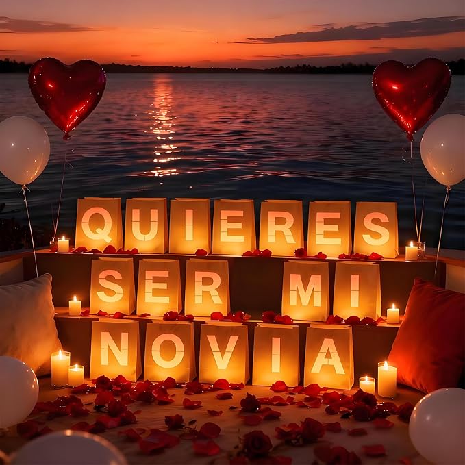 Quieres Ser Mi Novia Light Up Letters, Include Light up Letters, with Tea Lights Candles, Latex Balloons, Aluminum Balloons and Rose Petals, Anniversary and Valentines' Day Decorations for Women