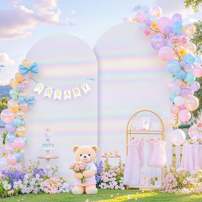 Rainbow White Arch Covers 7.2 and 6ft Sequin Sparkly Birthday Party Arch Backdrop Covers Set of 2 Spandex Shimmer Balloon Arch Stand Cover for Wedding Bridal Shower Baby Shower Photo Arches Background