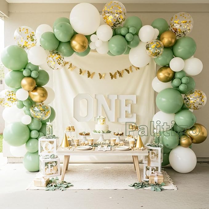 Green Balloon Garland Kit with Sage and Olive Balloons - 112pcs Sage Green Balloons with Gold Butterfly for Weddings, Baby Showers, Birthdays, and Jungle/Tropical Theme Decorations