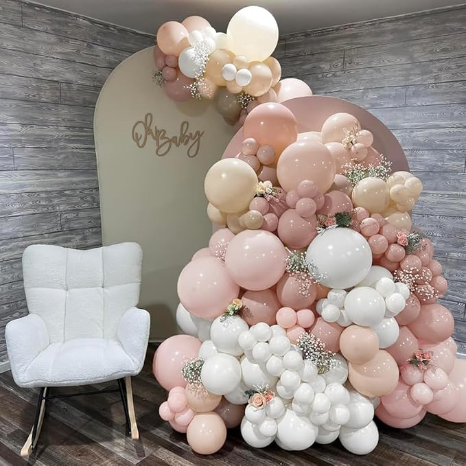 Dusty Pink White Balloon Garland Double Stuffed Baby Pink Nude Beige Balloons Cream Balloon Arch Kit for Boho Baby Shower Birthday Christening Bridal Wedding Mother's Day Party Decorations