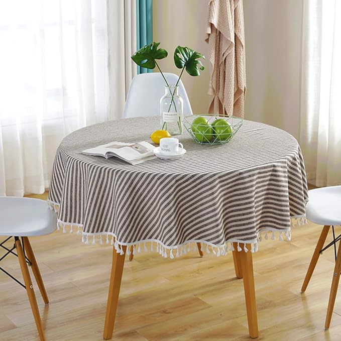 meioro Round Tablecloth Stripe Tassel Table Cloth Cotton Linen Dust-Proof Table Cover for Dining Circle Coffee Side End Card Table, Parties Tablecloths (Coffee Brown, 47 Inch)