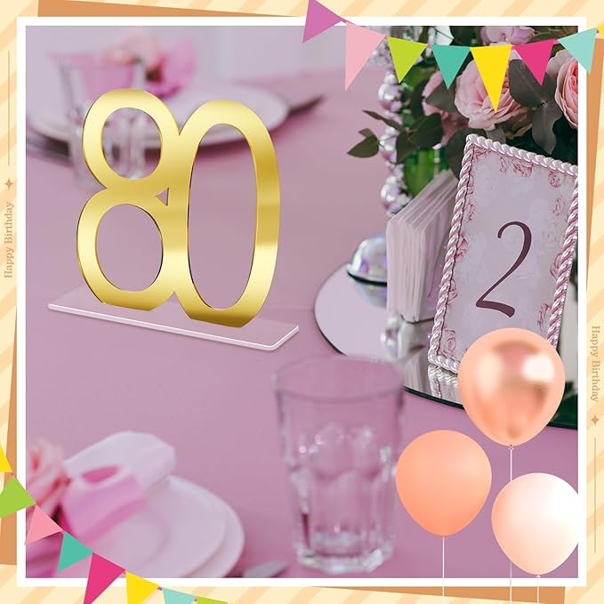 Threehoney 12 Pcs Mirror Gold 80th Birthday Decorations for Men and Women Acrylic Anniversary Decorations Table Numbers Centerpieces for Birthday Party