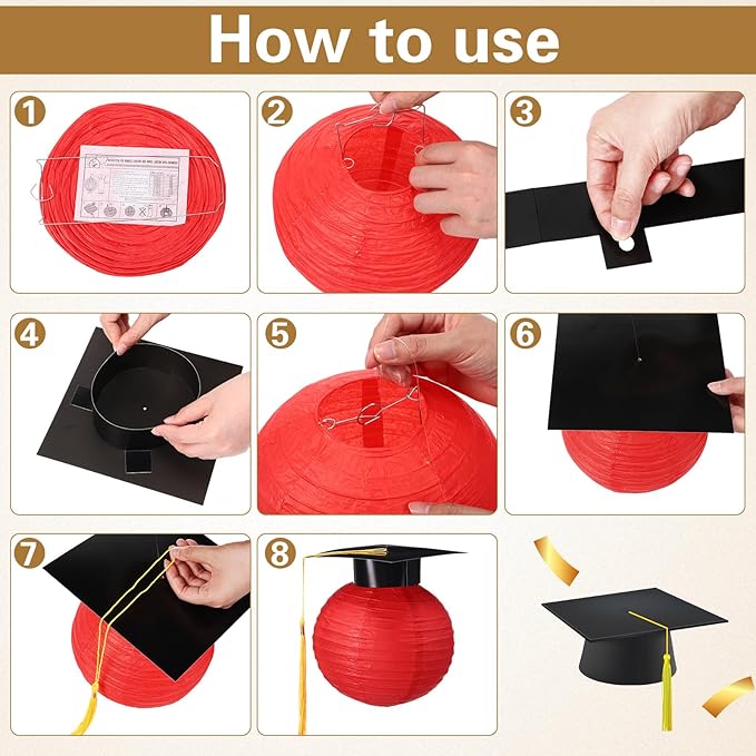 Gilprop 15 Pcs Red and Gold Graduation Decoration 2026 Paper Lanterns Graduation Party Decorations Hanging Round Paper Lanterns with Black Grad Hat Tassel for Congratulation Grad Decorations