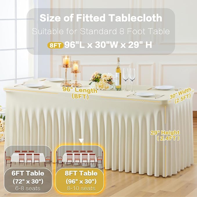 2 Pack Beige Table Cloth for 8 Foot Rectangle Tables Spandex Fitted Tablecloth 8ft Stretch Table Covers Skirt Beige Banquet Tablecloths Wrinkle Free Tablecloth for Party Wedding Birthday Event