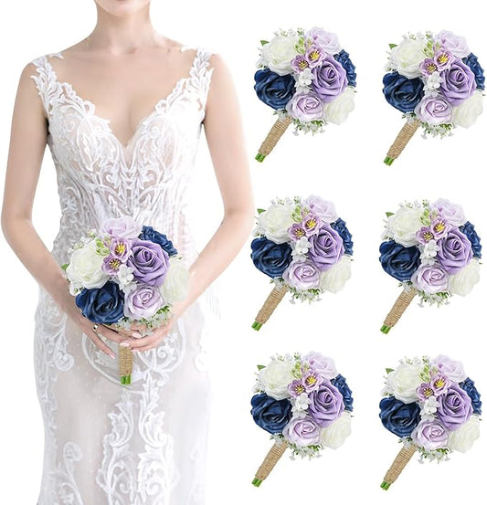 Wedding Bridesmaid Bouquets Set of 6-7 Inch Artificial Bridesmaid Bouquet Rustic Silk Flowers Pre-Made Small Floral Centerpieces for Marriage Proposal Party Anniversary - Navy Blue & Lilac