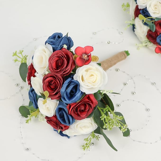 Set of 6 Bridesmaid Bouquets for Wedding - 7 Inch Artificial Ivory Flower Bouquet for Party Ceremony Anniversary Dinning Table Centerpieces Decor - Red & Blue & White