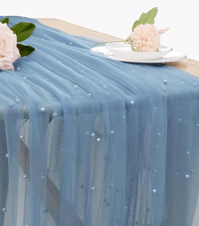 Pearl Table Runner 29 x 120 Inch Tulle Fabric Lace Table Runners for Bridal Shower Birthday Party Wedding Arch Dessert Table Decor(1 Pack, Dusty Blue)