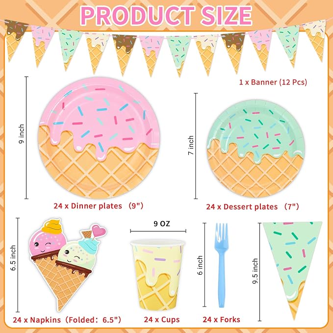 DYLIVeS 132 Pcs Ice Cream Birthday Party Supplies, Ice Cream Disposable Tableware Set Party Table Decorations for Girl, 9'' and 7'' Plates, Napkins, Cups, Forks, Banner, Serves 24