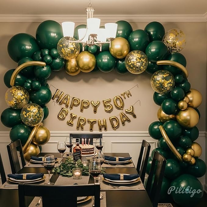 Double Stuffed Dark Green and Gold Balloon Garland Arch Kit - Emerald Green Metallic Gold Confetti Balloons for Graduation Decorations 2026, Jungle Safari Birthday, Wedding, Baby Shower Party Supplies