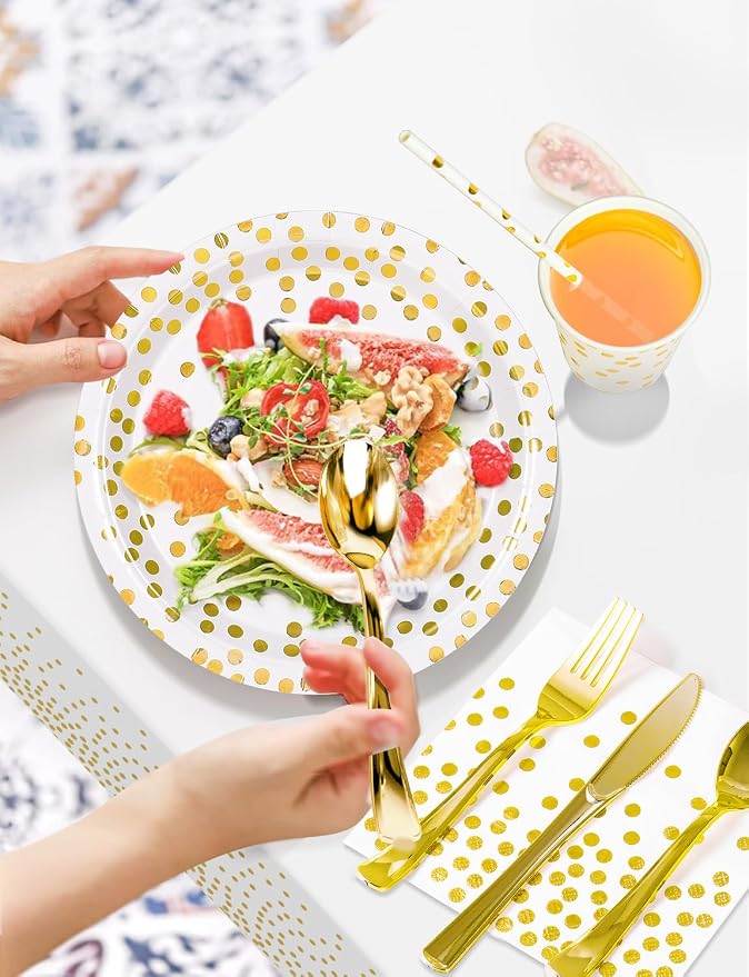 Nkaiso 141 Pieces White Gold Party Supplies, Disposable Party Decorations Sets Include Paper Plates Napkins Cups, Plastic Forks Knives Spoons, for Baby Shower Birthday Wedding -20 Guests