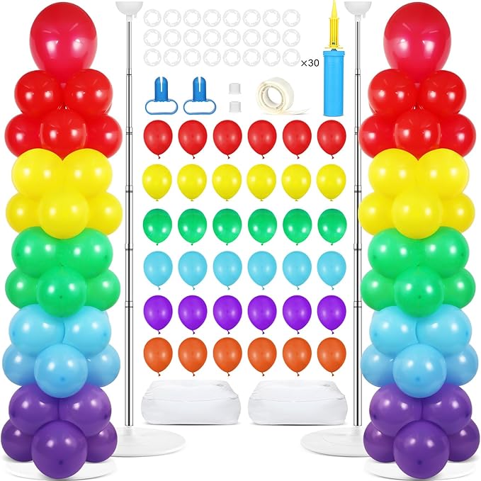 2 Sets Rainbow Balloon Column Stand Kit with 100 Graduation Adjustable Balloons Tower Stand with Bases for Floor Assorted Colors Column for Spring Mother's Day Birthday Wedding Party Decor