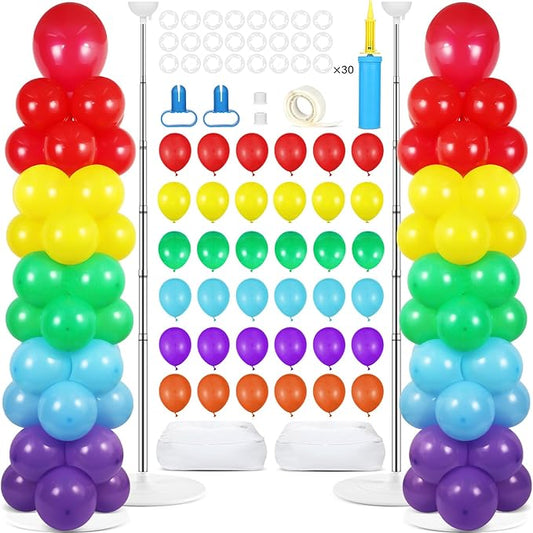 2 Sets Rainbow Balloon Column Stand Kit with 100 Graduation Adjustable Balloons Tower Stand with Bases for Floor Assorted Colors Column for Spring Mother's Day Birthday Wedding Party Decor