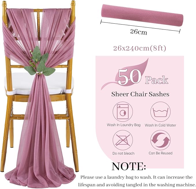 QueenDream Purple Wedding Chair Decorations: 50PCS Tulle Chair Sashes Cover Bands Aisle Sheer Chairs Bows for Birthday Party Banquet