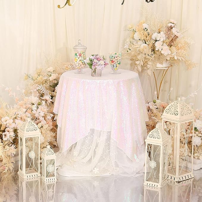 Eternal Beauty White Iridescent Tablecloth, 50x50 Inch Sequin Square Table Cover for Cake Dessert Exhibition Party Birthday Events