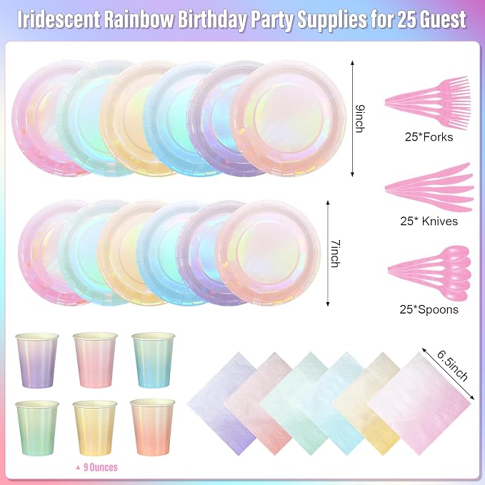 Iridescent Pastel Plates and Napkins Serve 25, Pastel Rainbow Holographic Party Plates Supplies, Disposable Paper Plates Napkins Cups Knives Forks for Birthday Wedding Baby Shower Party Decorations