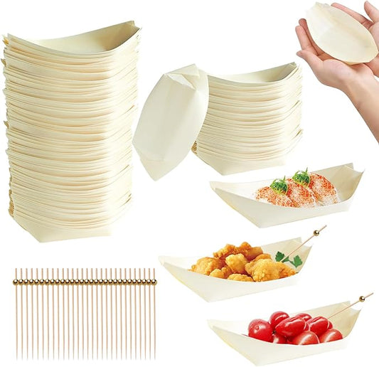 500 PCS Disposable Boat Food Trays with Cocktail Picks, 5 Inch Wooden Disposable Plates, Wood Boat Plates Dishes, Small Appetizer Food Boat, Sushi Serving Tray for Food Catering Party Picnic