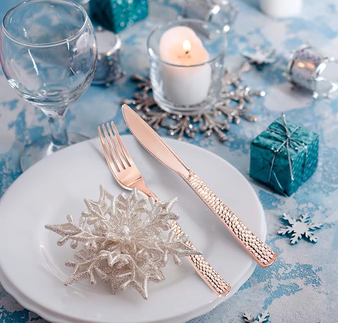 Supernal 360pcs Rose Gold Plastic Silverware, Heavy Duty Disposable Cutlery | Hammered Flatware Cutlery (120 Forks, 120 Knives, 120 Spoons) Bulk Pack for Weddings, Birthdays, and Holiday Theme Parties