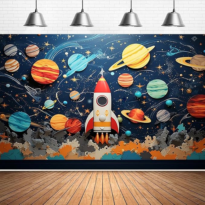 Universe Space Boy Birthday Backdrop for Photography Kids Astronaut Themed Birthday Party Decoration Children's Birthday Planet Party Background Night Sky Star Outer Space Backdrop (9X6FT)
