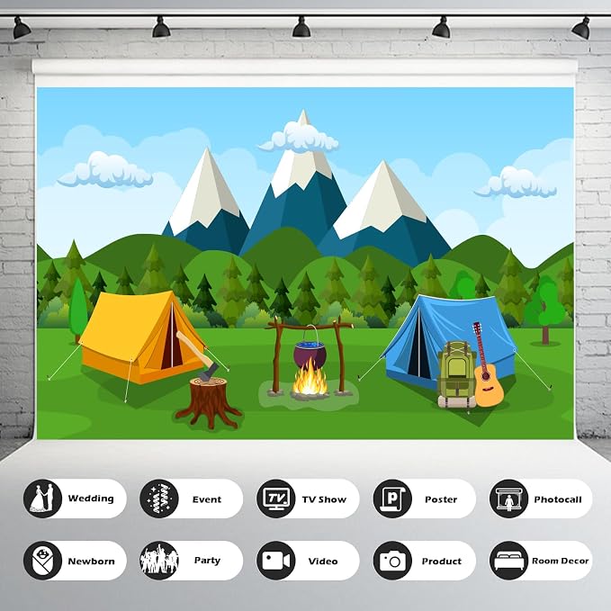 Cartoon Camping Photography Background Forest Mountain Scenery Camping Adventure Backdrop Outdoor Campfire Camper Tent Backdrop Hiking Climbing Sign Guitar Backpacks Background Props 10x6.5ft