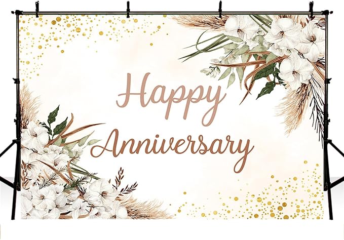 MEHOFOND Boho Happy Anniversary Backdrop White Floral Bohemia Pampas Grass Anniversary Banner Cheers to Marriage Wedding Party Decorations Memorial Portrait Photo Booth Background 10x7ft