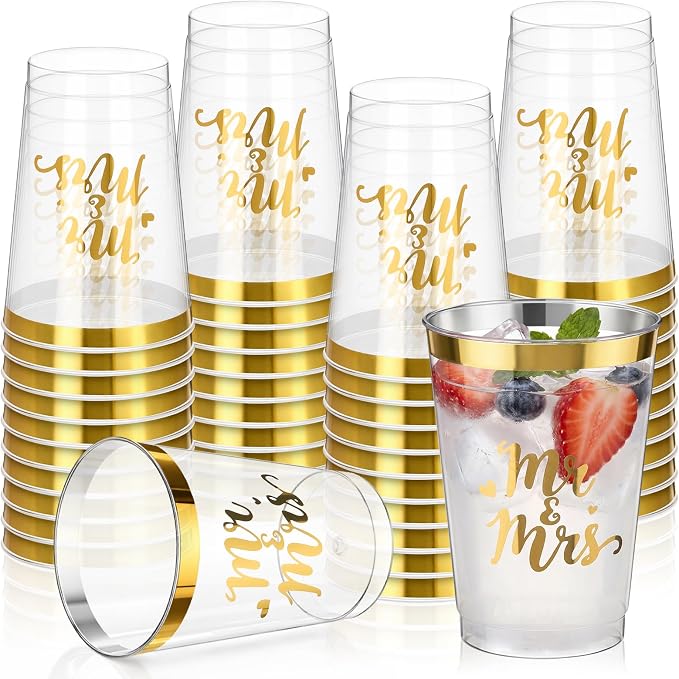 Shinymoon 50 Pack Mr and Mrs Party Supplies 12 oz Wedding Cups Bridal Shower Gifts for Couples Disposable Clear Drinking Glasses for Engagement Anniversary Valentines Party Favors Supplies
