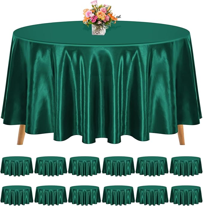 12 Pack 120 Inch Round Tablecloth, Hunter Green Satin Fabric Table Cloth for Round Tables, Wrinkle Resistant Washable TableCover Bright Silk TableClothes for Wedding Party Dining Tables Banquet