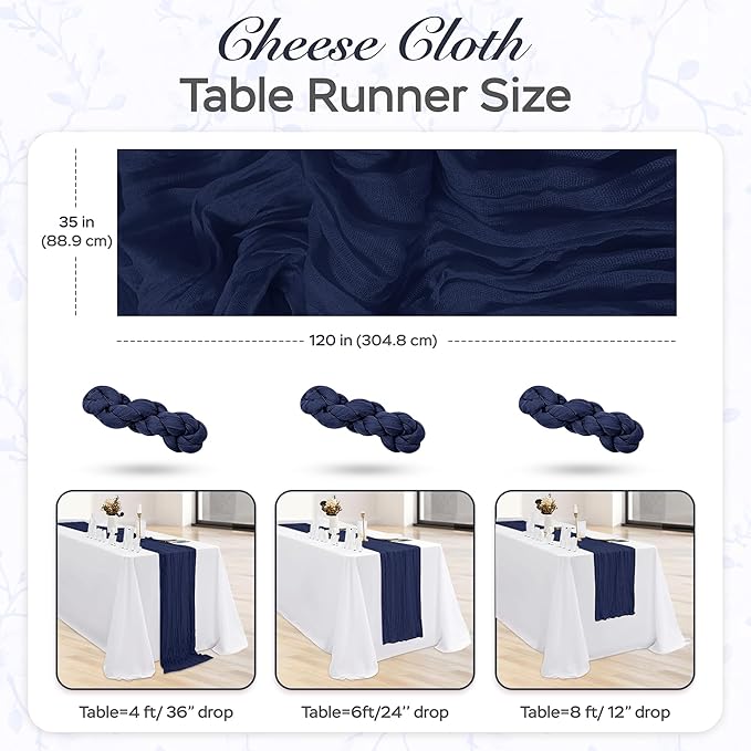 Cheesecloth Table Runner 8 Pack – 35x120 Inch (10ft) Boho Rustic Gauze Cloth Runners – Crinkle Polyester Table Decor for Wedding, Baby Shower, Bridal Shower, Birthday Party and More (Navy Blue)