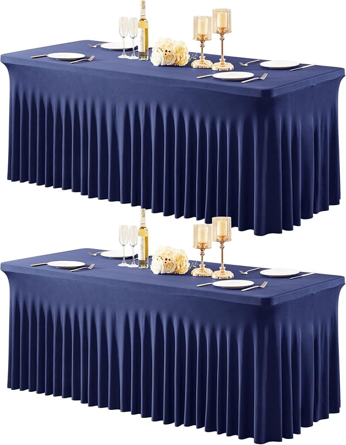 Shillance 2 Packs Navy Blue Spandex Table Covers 6 Foot, Fitted Stretch Table Cloth with Skirts 72x30 Inch, Wrinkle-Free Floor Length Rectangle Tablecloths for Weddings Parties Banquets Events