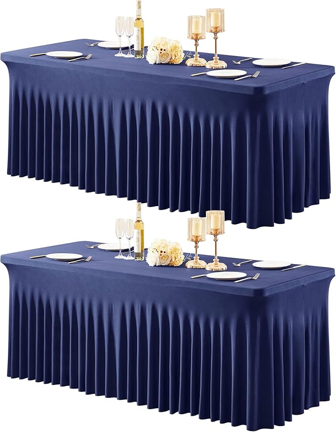 2 Packs Navy Blue Table Clothes for 8 Foot Rectangle Tables, One-Piece Wrinkle Resistant Stretch Spandex Table Covers with Table Skirt for Event Banquet Wedding Birthday Party