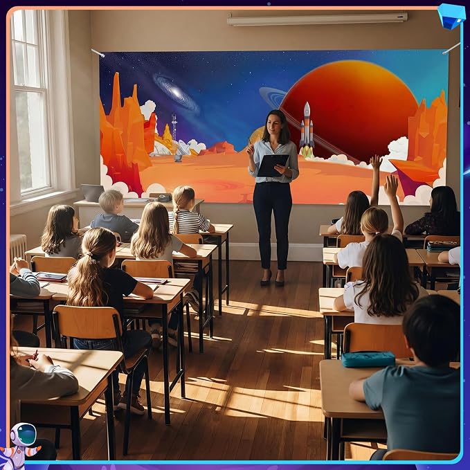 9 x 20 ft 2026 Vbs Backdrop Decoration Vbs Universe Space Galaxy Moon and Rocket Background Vacation Bible School Backdrop for Classroom Party Summer Cap Photo Booth Prop Church Outer Space Background