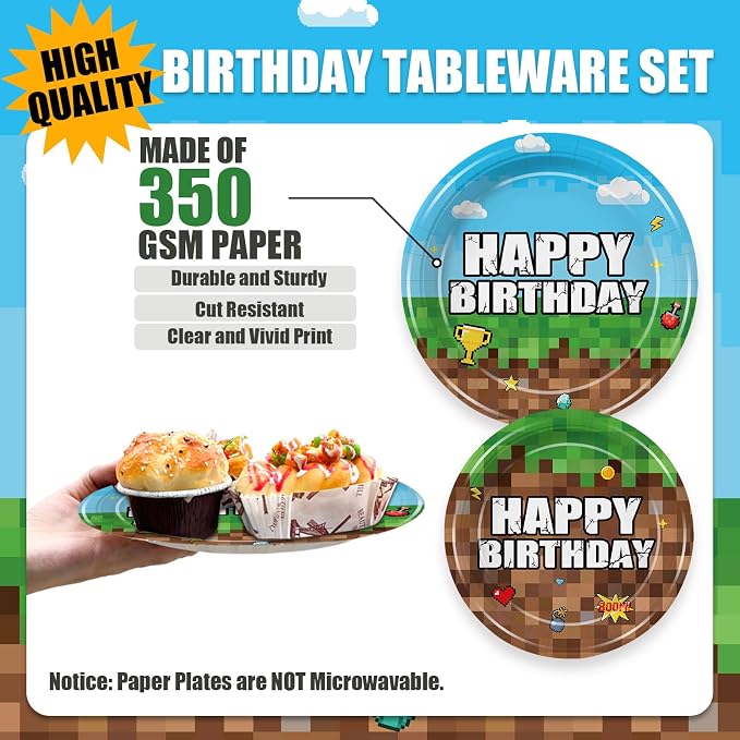 Green and Brown Party Decorations Mini Pixel Paper Plates and Napkins Video Game Themed Birthday Party Decorations Tableware Set for Kids Birthday Decor Serves 24