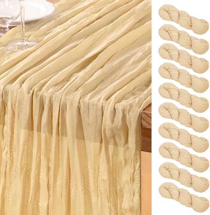 DeZerlor Champagne Gold Cheesecloth Table Runner 10 Pack Spring Easter Table Runners Boho Gauze 120 Inches Champagne Cheese Cloth Table Decor for Wedding Bridal Baby Shower Parties