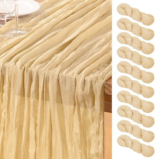 DeZerlor Champagne Gold Cheesecloth Table Runner 10 Pack Spring Easter Table Runners Boho Gauze 120 Inches Champagne Cheese Cloth Table Decor for Wedding Bridal Baby Shower Parties