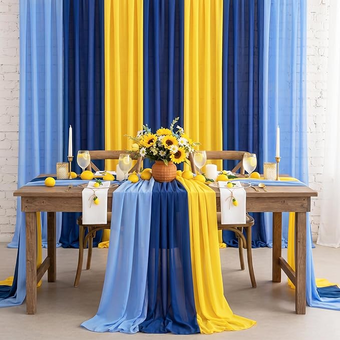 Boao 6 Pcs Amalfi Coast Blue Yellow Lemon Party Decorations Table Runner Cloth 10Ft Boho Sheer Rustic Fabric for Wedding Birthday Party Baby Bridal Shower Graduation Dawn Sunset Decor