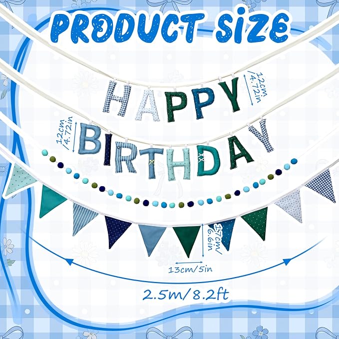3 Pcs Pre-strung 3D Fabric Happy Birthday Banner Set - Reusable Teal Blue Happy Birthday Garland Pom Pom Banner Triangle Felt Bunting for Women Men Colorful Party Decor Photo Prop(Cute)