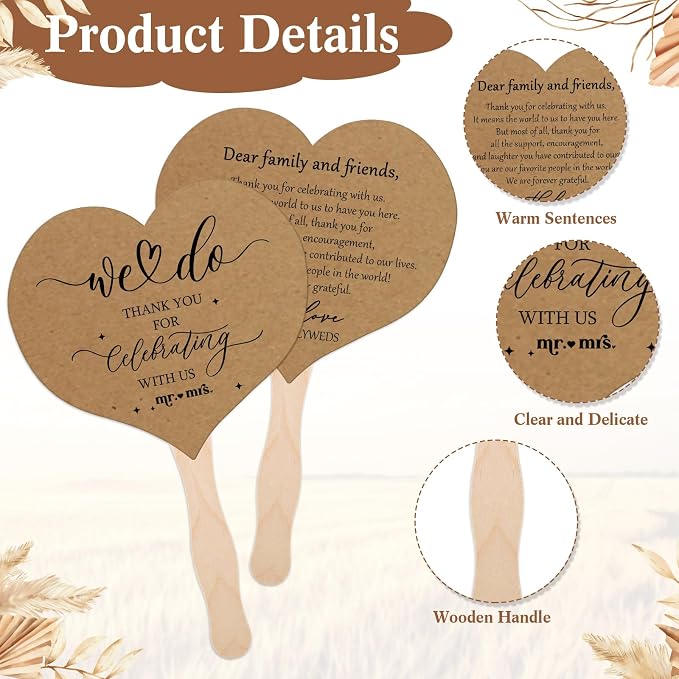 51 Pcs Wedding Fans for Guests Wedding Favor Paper Fans with Handle Bulk Table Sign for Ceremony Bridal Party Decoration(Brown,Classic)