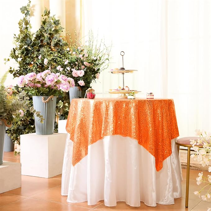 Eternal Beauty Orange Tablecloth, 50x50 Inch Sequin Square Table Cover for Cake Dessert Exhibition Party Birthday Events